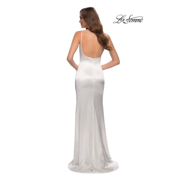 La Femme white Stretch Satin side slit Sheath Dress size 6/ small - Picture 2 of 13